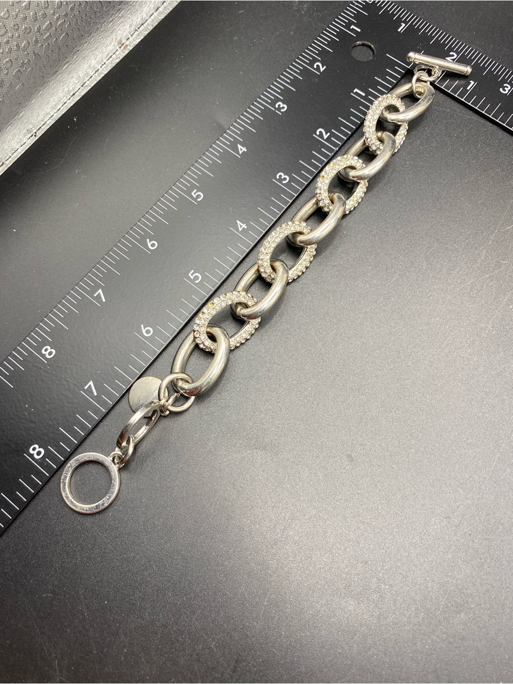 CHICO’S Chunky Silver Tone Bracelet RhinestoneToggle Clasp - Picture 2 of 6